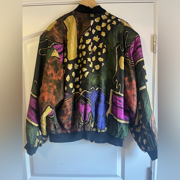 Vintage GOOUCH Bomber Jacket 100% Silk 90’s Abstract Print Full Zip - Picture 2 of 9